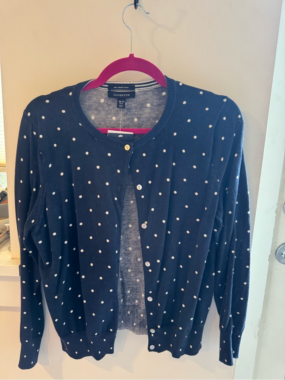 Lands' End Navy Blue Cardigan with White Polka Dots